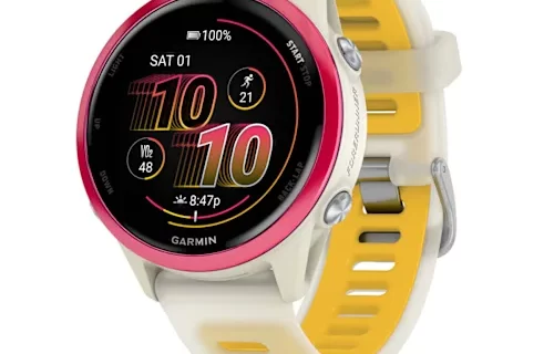 Forerunner 570 - 42 мм Малиновый алюминий с полупрозрачной костяной/манговой полосой